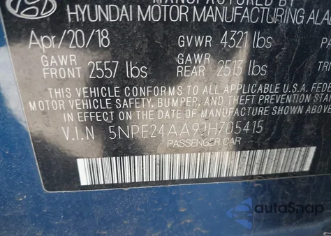 2018 Hyundai Sonata Eco z USA, uszkodzony, nr VIN 5NPE24AA9JH705415